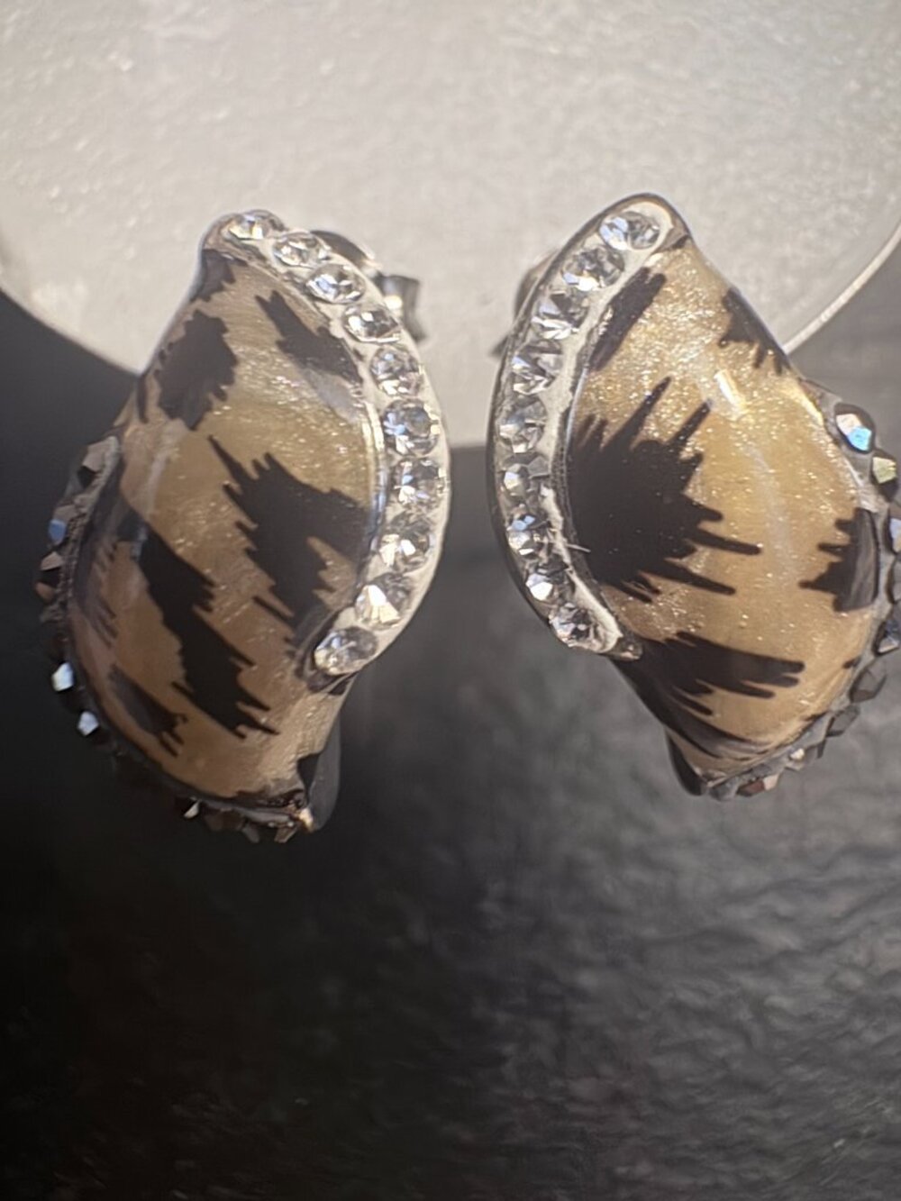 S925 Sterling Silver Leopard Print Glazed Enamel Rhinestone Half Hoop Studs